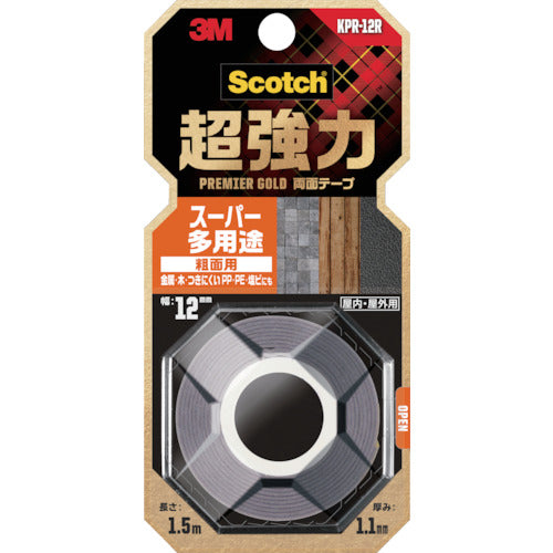 ３Ｍ　スコッチ　超強力両面テープ　プレミアゴールド　スーパー多用途　粗面用　１２ｍｍ×１．５ｍ　KPR-12R　1 巻