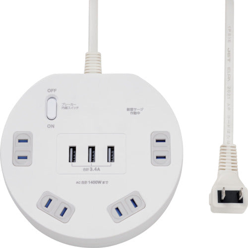 ＥＬＰＡ　耐雷丸形４Ｐ２ｍＵＳＢタップ　WLS-LS402RUSB(W)　1 個