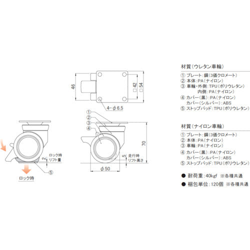 プラパート　リフトロックキャスター　ナイロン車　φ５０　プレート　黒　ストッパー付　高さ調整可　K100-50-PBS　1 個