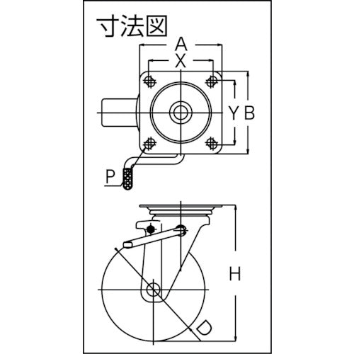 ユーエイ　プレート式　自在　キャスター　ゴム　車輪径１３０ｍｍ　ストッパー付き　ＰＭタイプ　ＰＭＳ−ＬＢ（Ｒ）型　取付寸法９０×９０（８０×８０）　PMS-130WBLB(R)　1 個