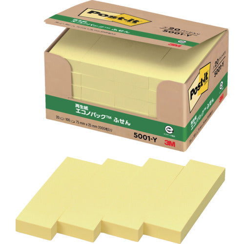３Ｍ　ポスト・イット　７５Ｘ２５ｍｍ　１００枚Ｘ２０パッド　イエロー　5001-Y　1 箱