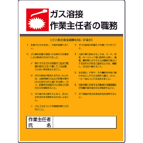 ユニット　作業主任者職務板　ガス溶接・ガス・エコユニボード・６００Ｘ４５０　808-10　1 枚