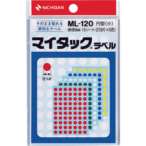 ニチバン　マイタックカラーラベル（混色：赤、黄、緑、青、白）ＭＬ−１２０　丸８ｍｍ　ML-120　1 PK