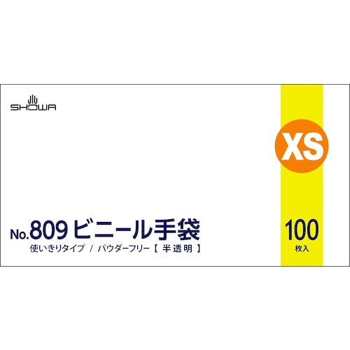 ＳＨＯＷＡ　ビニ−ル使い捨て手袋　ＮＯ８０９　ビニ−ル手袋　粉なし　１００枚入　ＸＳサイズ　半透明　１箱　NO809-XS　1 箱