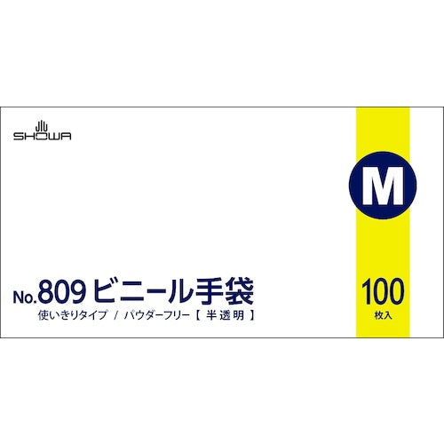 ＳＨＯＷＡ　ビニ−ル使い捨て手袋　ＮＯ８０９　ビニ−ル手袋　粉なし　１００枚入　Ｍサイズ　半透明　１箱　NO809-M　1 箱