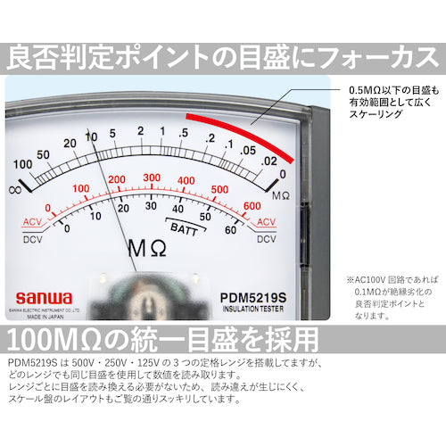 ＳＡＮＷＡ　アナログ絶縁抵抗計　５００Ｖ／２５０Ｖ／１２５Ｖ　PDM5219S　1 個