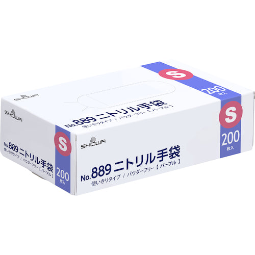 ＳＨＯＷＡ　Ｎｏ．８８９　ニトリル手袋　２００枚入　Ｓサイズ　パープル　１函　ニトリルゴム使い捨て手袋　粉なし　NO889-S　1 箱