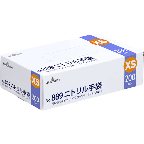 ＳＨＯＷＡ　Ｎｏ．８８９　ニトリル手袋　２００枚入　ＸＳサイズ　パープル　１函　ニトリルゴム使い捨て手袋　粉なし　NO889-XS　1 箱