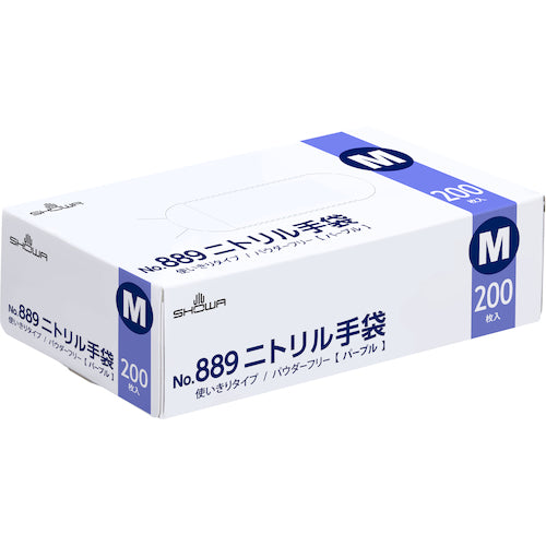 ＳＨＯＷＡ　Ｎｏ．８８９　ニトリル手袋　２００枚入　Ｍサイズ　パープル　１函　ニトリルゴム使い捨て手袋　粉なし　NO889-M　1 箱