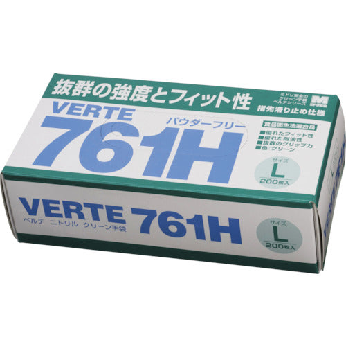 ミドリ安全　ニトリル使い捨て手袋　薄手　粉なし　緑　Ｌ　（２００枚入）　VERTE-761H L　1 箱