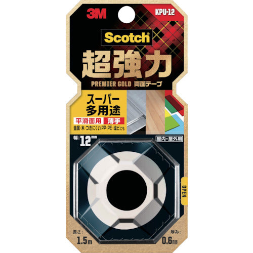 ３Ｍ　スコッチ　超強力両面テープ　プレミアゴールド　スーパー多用途　薄手　１２ｍｍ×１．５ｍ　KPU-12　1 巻