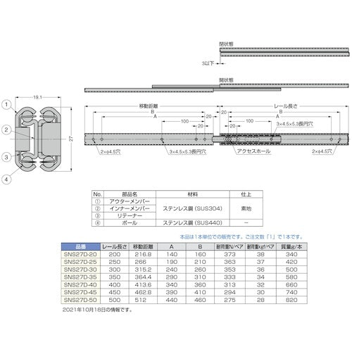 SUGATSUNE (190110186) SNS27D-30 올 스테인레스 스틸 슬라이드 레일 SNS27D-30 1 개