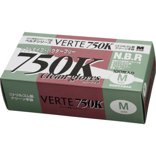 ミドリ安全　ニトリル使い捨て手袋　粉なし　青　Ｍ　（１００枚入）　VERTE-750K-M　1 箱