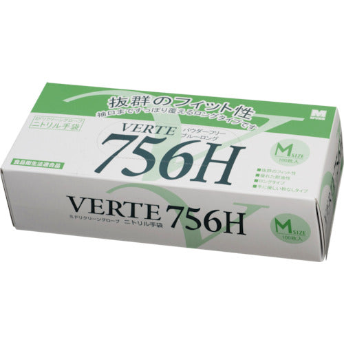 ミドリ安全　ニトリル使い捨て手袋　ロング　粉なし　青　Ｍ　（１００枚入）　VERTE-756H-M　1 箱