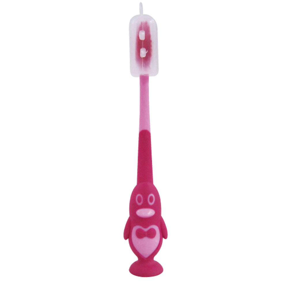 Pitatto Penguin Toothbrush with Suction Cup and Cap Pink 1 Piece 1 pc