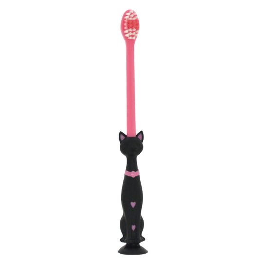 Pitatto Cat Toothbrush with Suction Cup and Cap, Black, 1 Piece, 1 pc