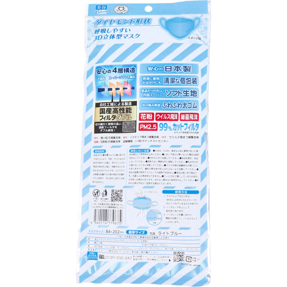 【アウトレット】やさしいマスク 3D立体型 標準サイズ ライトブルー 個包装 5枚入 1 個