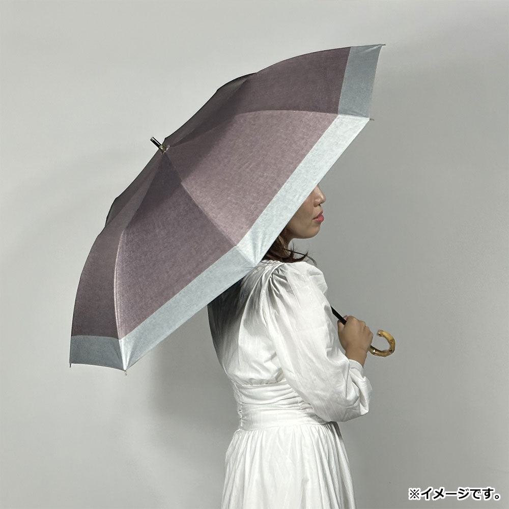 Short wide umbrella for both sunny and rainy days, black coated lining, dungaree style cut-and-sew print, brown x light gray, 1 pc