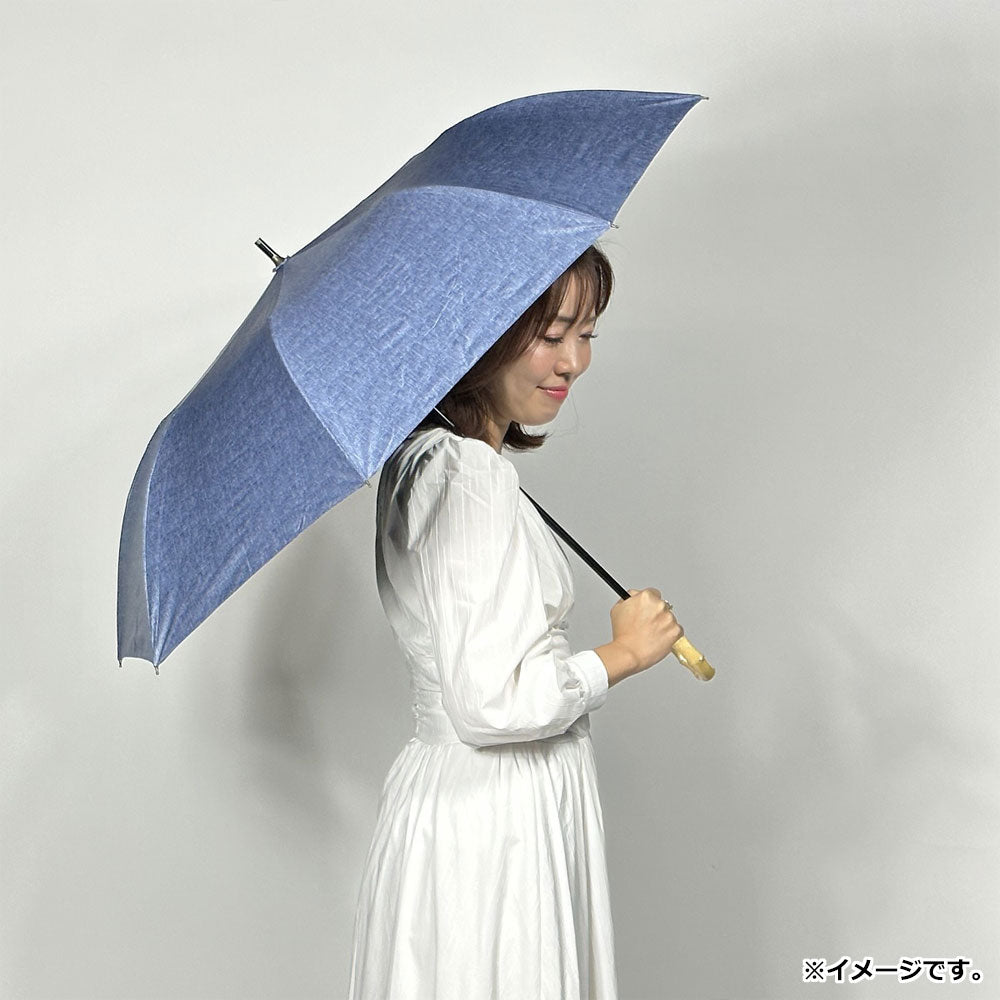 Short wide umbrella for both sunny and rainy days, black coated lining, plain dungaree print, indigo, 1 piece