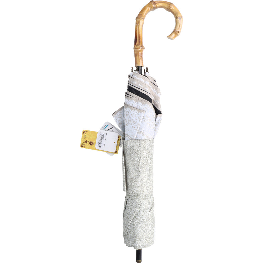 하루비 겸용 짧은 와이드 우산 린넨풍 무지×리버 레이스 프린트 베이지×오프 화이트 1개