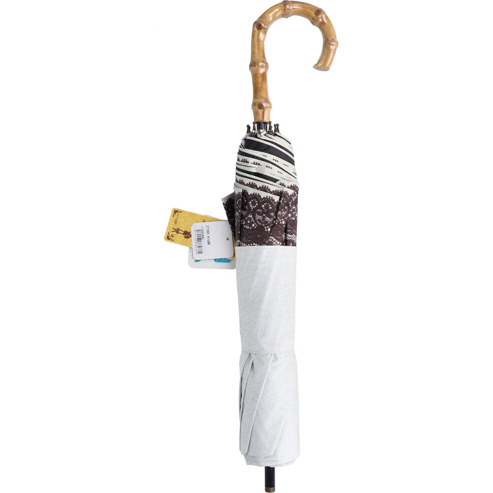 Short wide umbrella for both sunny and rainy days, linen-like plain x river lace print, off-white x brown, 1 pc