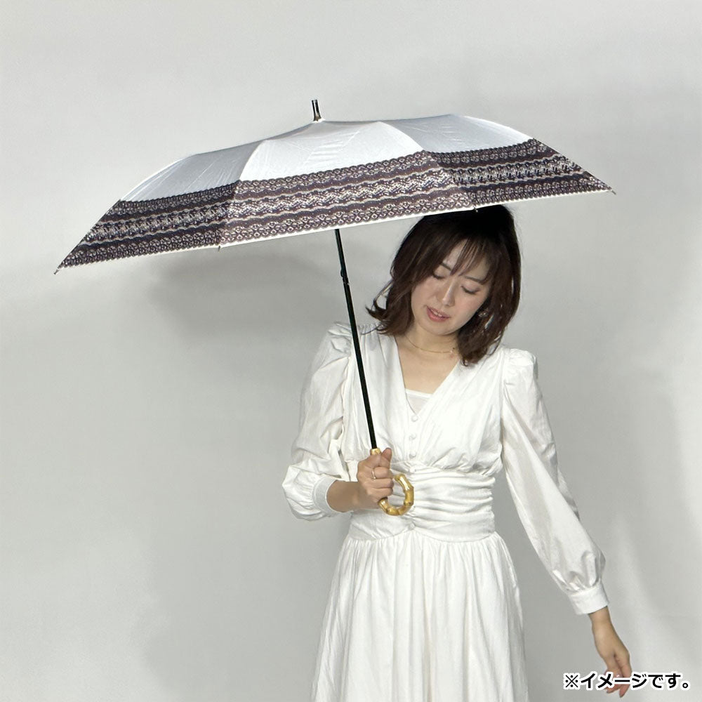 Short wide umbrella for both sunny and rainy days, linen-like plain x river lace print, off-white x brown, 1 pc