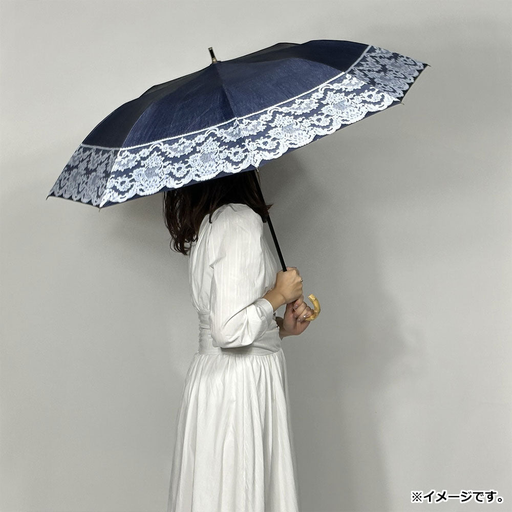 晴雨兼用ショートワイド傘 リネン風無地×リバーレースプリント ネイビー×オフホワイト 1 個