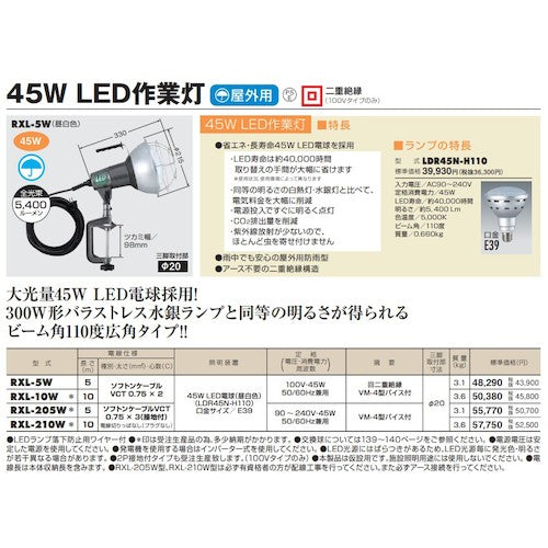 ハタヤ　４５Ｗ　ＬＥＤ作業灯　１００Ｖ　RXL-10W　1 台