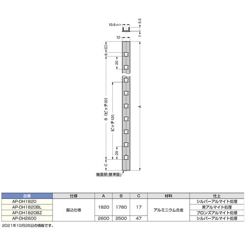 ＳＵＧＡＴＳＵＮＥ　（１２００３００８８）　ＡＰ−ＤＨ１８２０　アルミ製棚柱　Ｌ＝１８２０　AP-DH1820　1 本