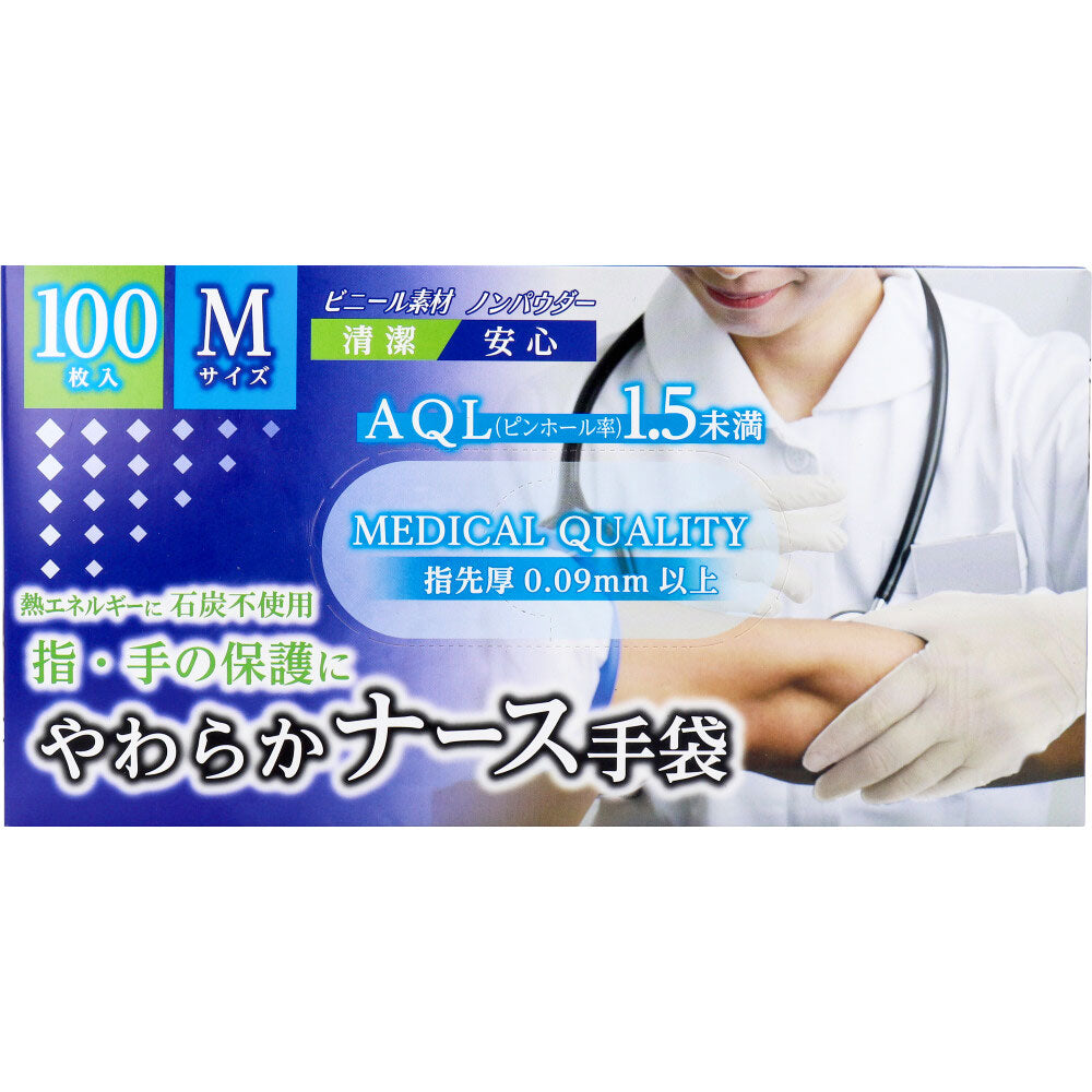 やわらかナース手袋 ビニール素材 ノンパウダー Mサイズ 100枚入 1 個