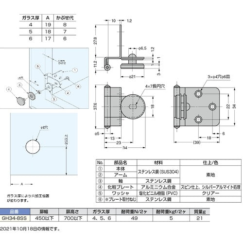 SUGATSUNE (170083530) GH34-8SS Stainless Steel Glass Hinge GH34-8SS 1 piece