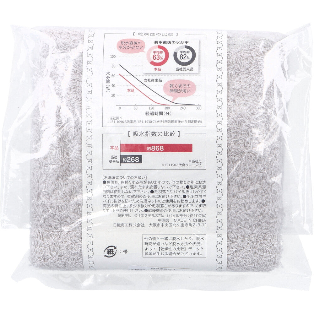 [メーカー欠品][11月26日まで特価]洗濯脱水するだけですぐ乾くタオル ウォッシュタオル 約34×35cm グレー HB-3501 1枚入 1 個