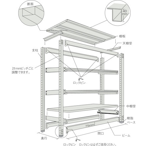ＴＲＵＳＣＯ　スチールラック　Ｍ２型軽中量棚　１１６０Ｘ４５０ＸＨ２１００　５段　単体　ネオグレー　M2-7445　1 Ｓ