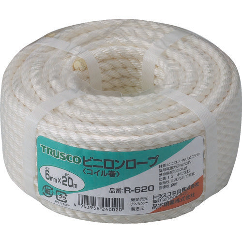 TRUSCO Vinylon Rope, 3-strand, Wire diameter 6mm x Length 20m, R-620, 1 roll