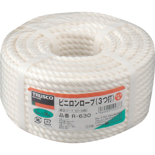 TRUSCO Vinylon Rope, 3-strand, Wire diameter 6mm x Length 30m, R-630, 1 roll