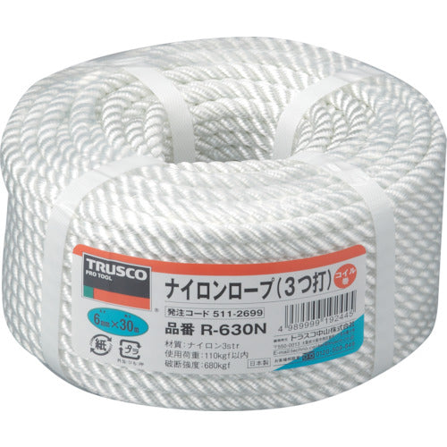 TRUSCO Nylon Rope, 3-strand, Wire diameter 6mm x Length 30m, R-630N, 1 roll