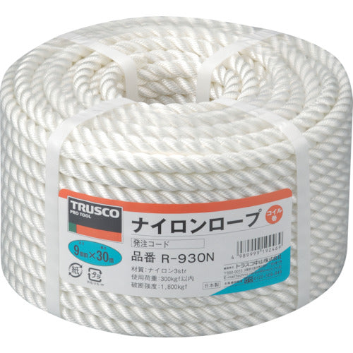 TRUSCO Nylon Rope, 3-strand, Wire diameter 9mm x Length 30m, R-930N, 1 roll