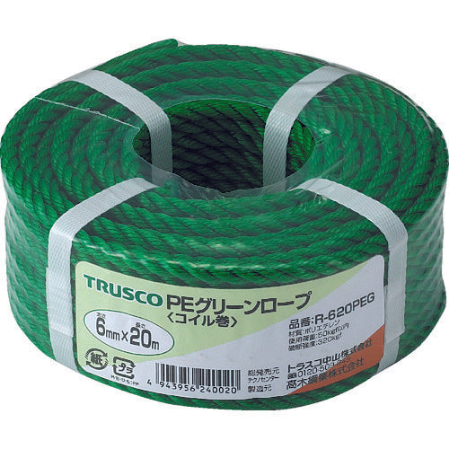 TRUSCO PE Green Rope, 3-strand, Wire diameter 6mm x Length 20m, R-620PEG, 1 roll