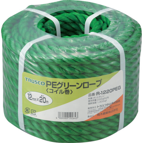 TRUSCO PE Green Rope, 3-strand, Wire diameter 12mm x Length 20m, R-1220PEG, 1 roll