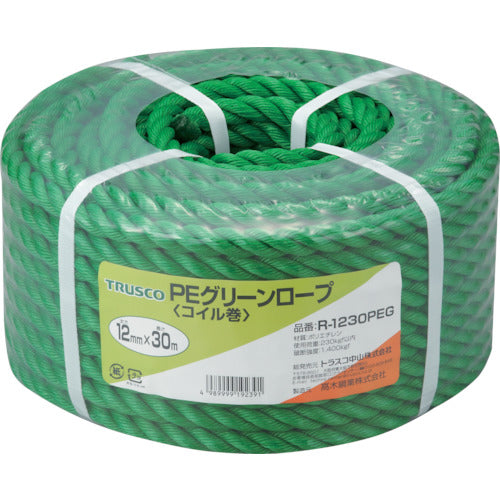 TRUSCO PE Green Rope, 3-strand, Wire diameter 12mm x Length 30m, R-1230PEG, 1 roll