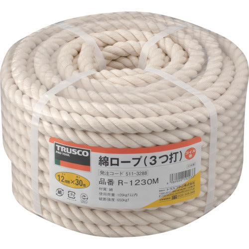 TRUSCO Cotton Rope, 3-strand, Wire diameter 12mm x length 30m, R-1230M, 1 roll