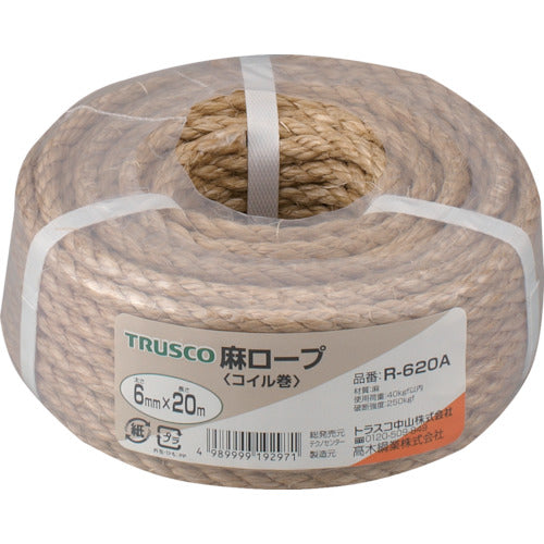 ＴＲＵＳＣＯ　麻ロープ　３つ打　線径６ｍｍＸ長さ２０ｍ　R-620A　1 巻