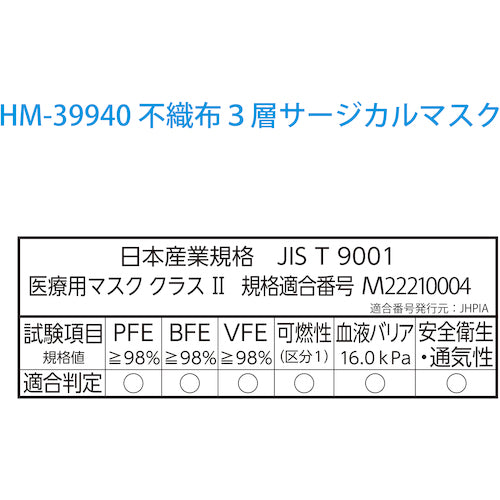 アゼアス　不織布３層サージカルマスク　HM-39940　1 箱