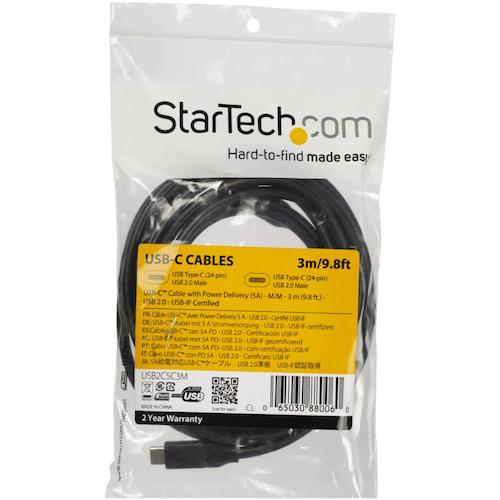 StarTech USB-C 케이블/3m/USB 2.0/480Mbps/Type-C-Type-C/100W/수컷-수컷/블랙 USB2C5C3M 1봉