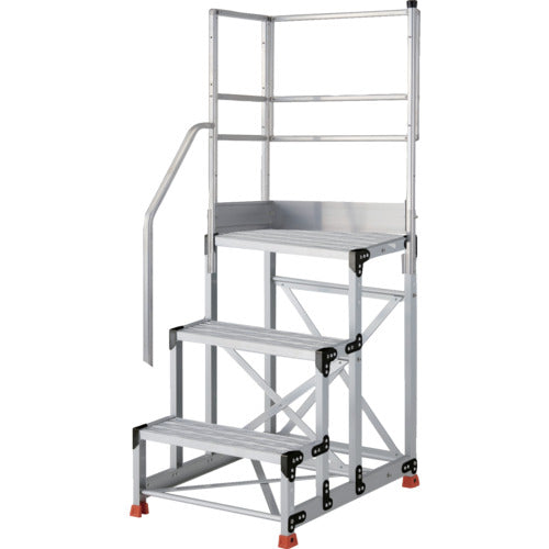 TRUSCO Aluminum Work Platform Grating Type 3 Steps Height 0.9m Top Plate Dimensions 600x400 Step Height 300mm Stairs with Handrails on One Side and Two Sides TSFGR-369-TKL300 1 Unit