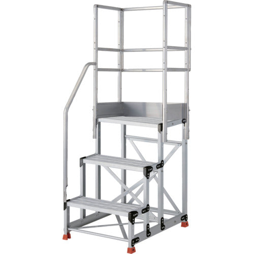ＴＲＵＳＣＯ　アルミ製作業用踏台　グレーチングタイプ　３段　高さ０．７５ｍ　天板寸法６００×４００　段高２５０ｍｍ　階段片手すり天場三方付き　TSFGR-3675-TKS250　1 台