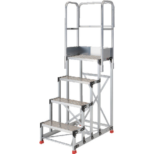 TRUSCO aluminum work platform, checkered plate type, 4 steps, 1.2m high, tabletop dimensions 600 x 400, step height 300mm, with handrails on three sides of platform TSFC-4612-TS300, 1 unit