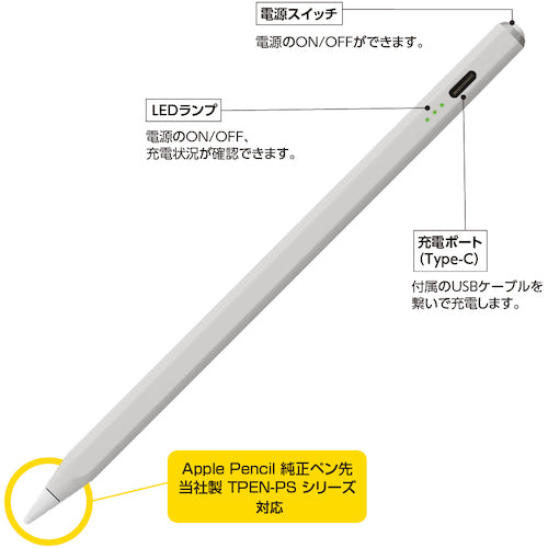 Nakabayashi Rechargeable Touch Pen for iPad, Light Gray, TPEN-001GY, 1 Piece