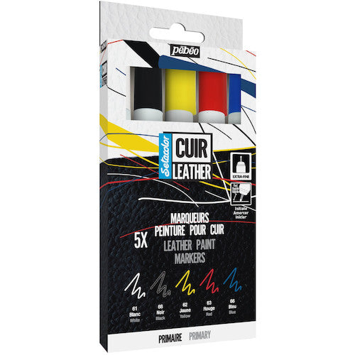 Pebeo Setacolor Leather Marker Set of 5 Primary Colors (Red, Blue, Yellow, White, Black) 295687 1 pc