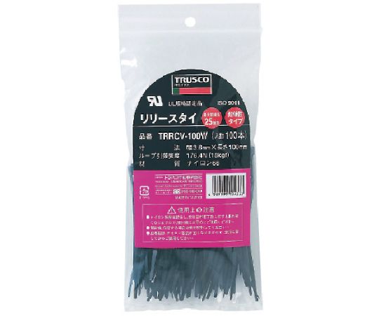 リリースタイ 幅3.6mmX100mm 最大結束Φ25 耐候性 1袋（100本入）　TRRCV-100W 1袋(100本入)